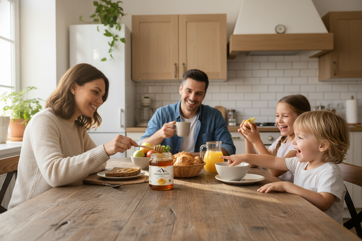 Make an image of a family which includes a wife, husband and two kids of age 8 and 5 years. The lady applying honey on a bread and a jar of Himalayan Bite honey on the table.